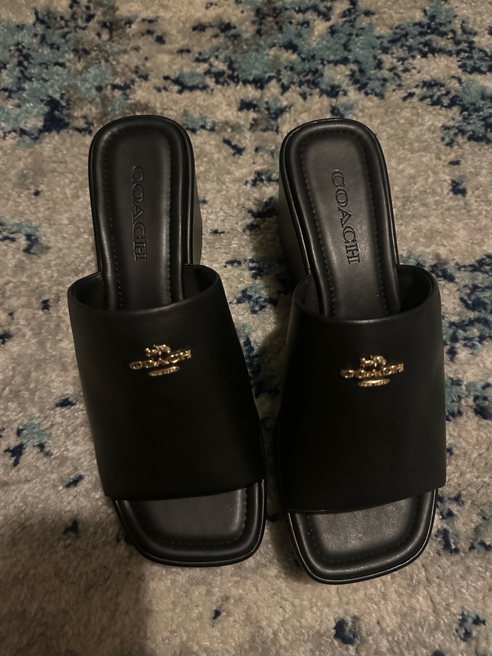 Coach Black Leather Slide Mules with Gold Logo